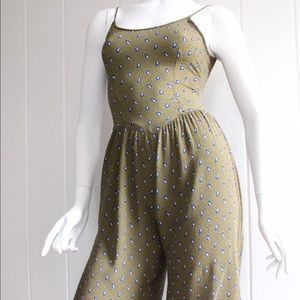 Vintage 1970s Romper Jumpsuit Wide Leg Green Feat… - image 1